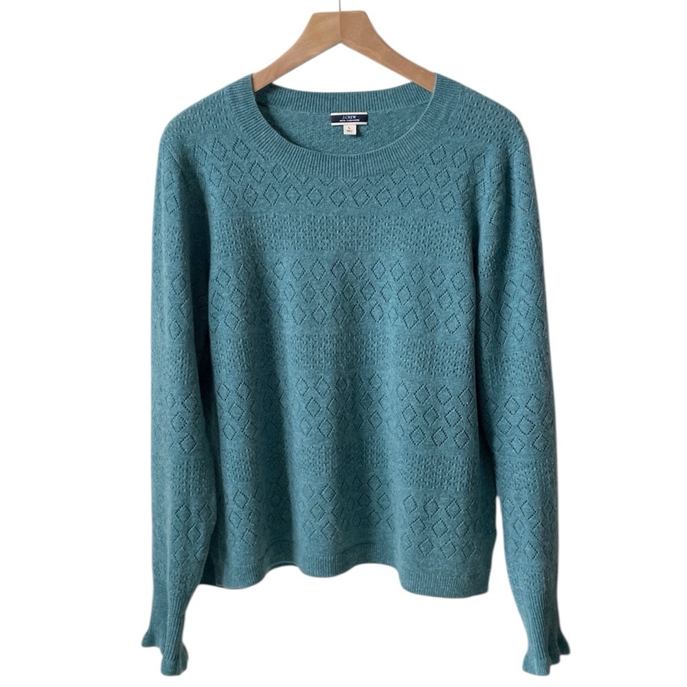 J Crew 100% cashmere blue crewneck ruffle sleeve sweater size XL extra large